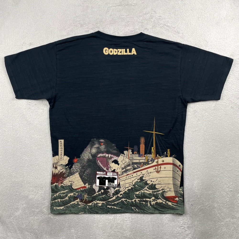 New Godzilla T-Shirt Men 2XL Black Ukiyo-e Art Great Wave Ship Graphic Tee Japan